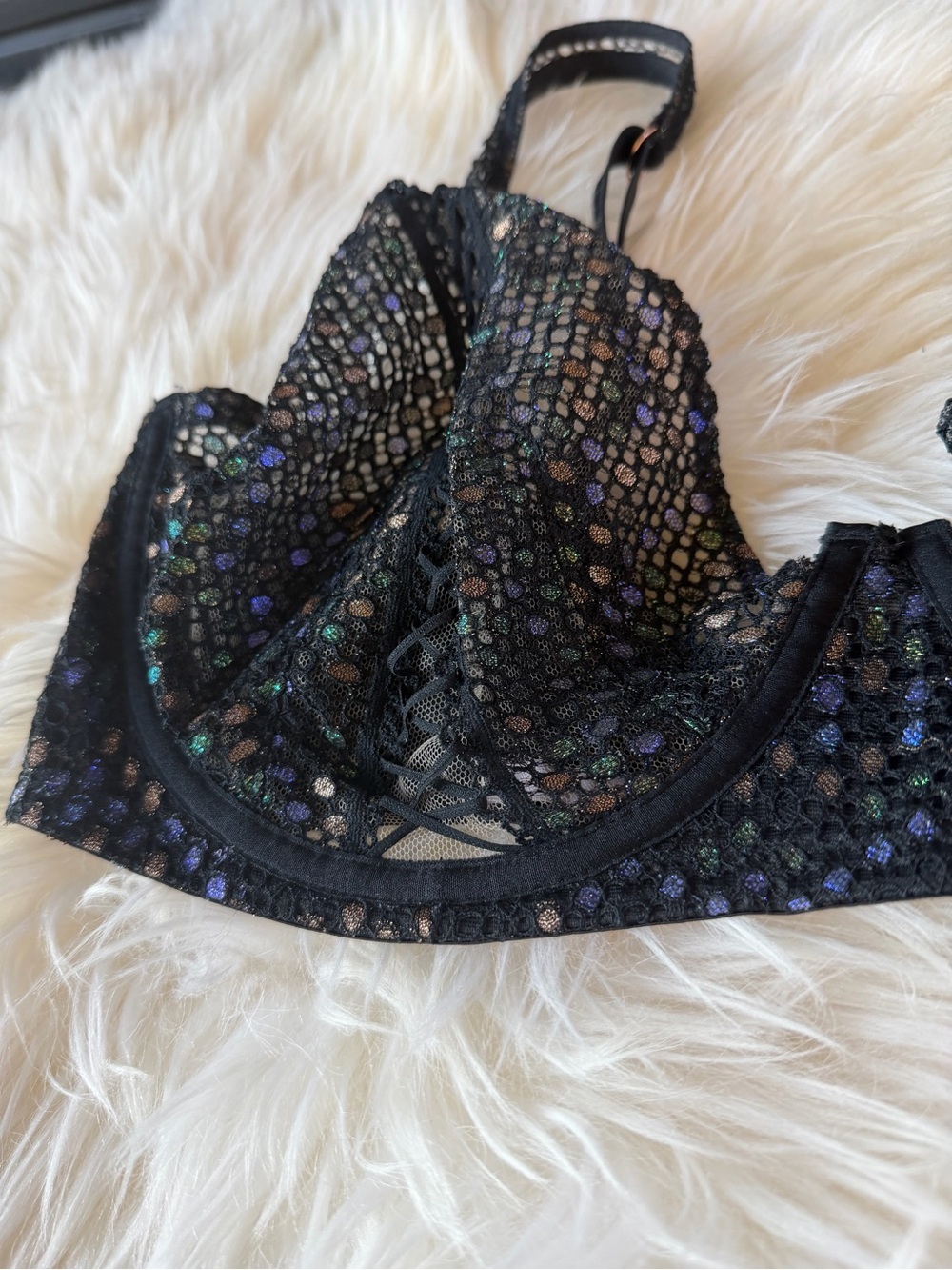 Savage X Fenty Disco Lace Up unlined underwire bra sheer black IRIDESCENT 36DDD - Picture 4 of 10